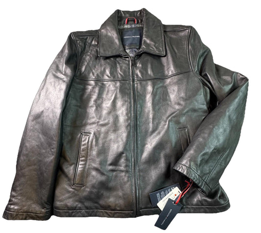 NWT Tommy Hilfiger Mens Genuine Leather Bomber Jacket Size XL Black